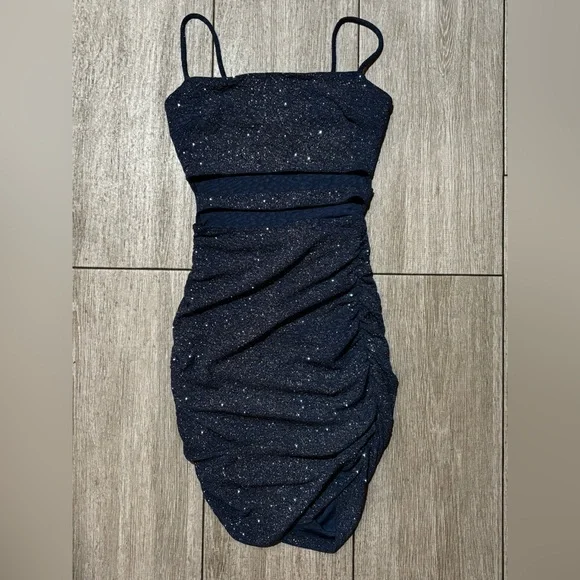 New Windsor Sparkling Navy Blue Ruched Mini Dress - Picture 2 of 7